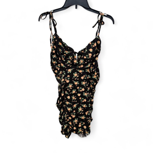 ASOS DESIGN Women's Mini Dress Ruched Side Tie Straps Black Ditsy Floral Sz 10 - Picture 1 of 4